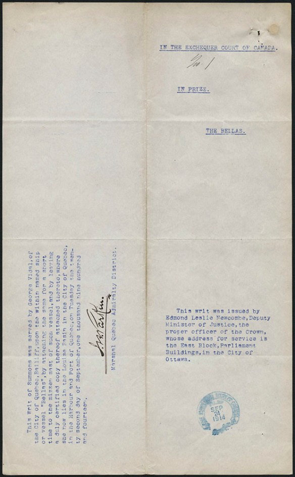 Document dactylographié avec le titre « In the Exchequer Court of Canada No. 1 ». Il y a une marque de tampon à l’encre bleue avec la date du 24 septembre 1914, et une signature. 