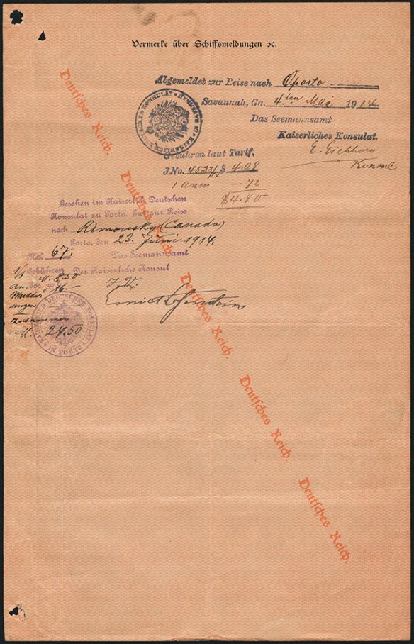 Document écrit en allemand. En filigrane sur le papier, diagonalement de gauche à droite, il est écrit Deutsches Reich (Empire germanique). 