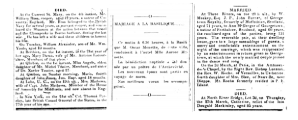 Trois colonnes de texte tirées de journaux contenant de l’information sur des décès et des mariages.