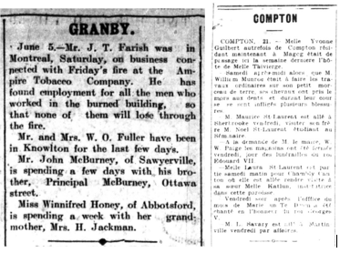 Deux colonnes de texte de journaux, intitulées « Granby » et « Compton », qui donnent des renseignements sur les résidents de ces villes.
