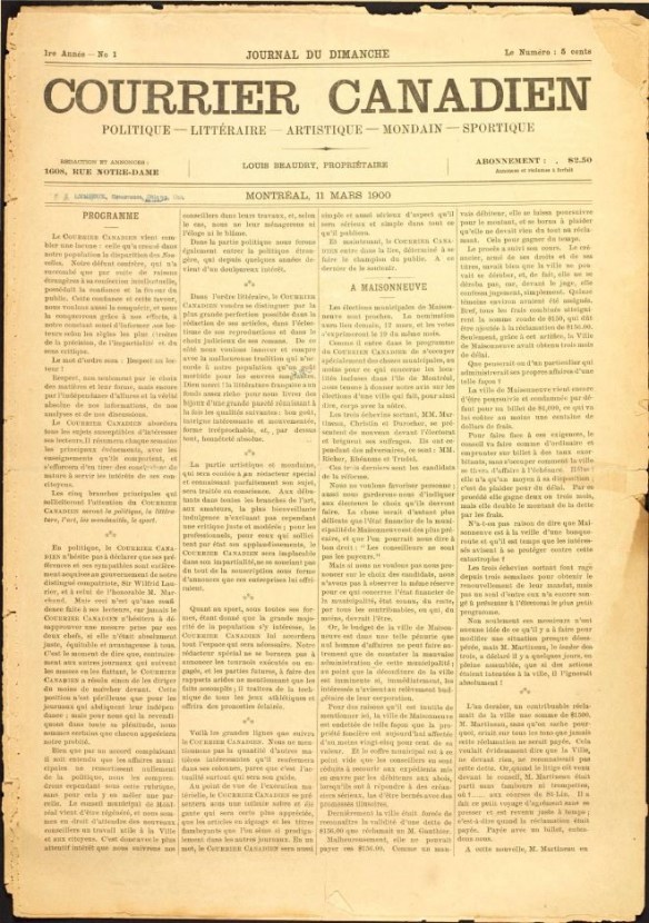 Image du journal Courrier canadien, rédigé en quatre colonnes.