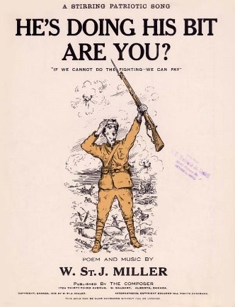 Dessin en couleur d'un soldat vêtu d'un uniforme bronze tenant un fusil au-dessus de sa tête.