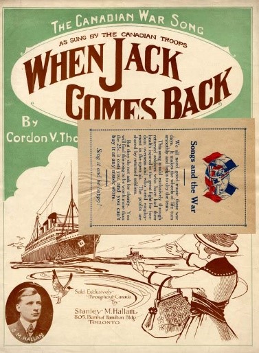 Une image en couleur composée d'un grand navire, d'une colombe, d'une femme accueillant le navire et d'un portrait de S. M. Hallam.