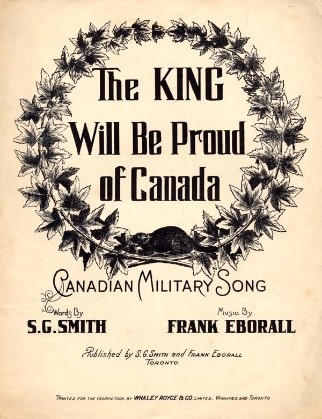 Une image en noir et blanc où les mots « The King Will Be Proud of Canada » sont entourés d'une couronne de feuilles et d'un castor. 