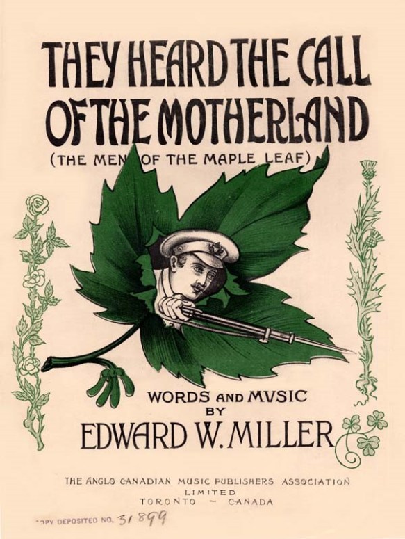 Dessin en couleur d'un soldat tenant un fusil avec une feuille d'érable verte à l'arrière-plan.