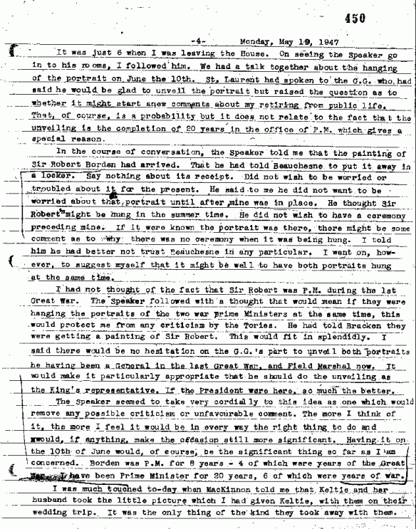 Image noir et blanc d’une page dactylographiée du journal intime de William Lyon Mackenzie King datée du 19 mai 1947.