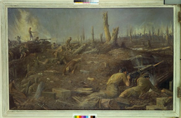 Peinture à l’huile réalisée par Kenneth Keith Forbes en 1918. La scène montre la défense du Bois du Sanctuaire par les militaires canadiens, près d’Ypres, en Belgique, en 1916.