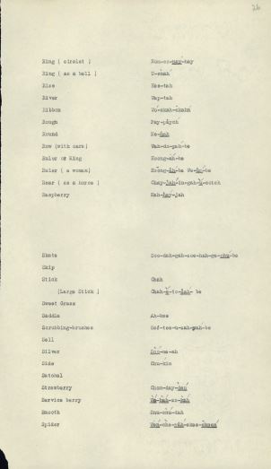 Une page dactylographiée montrant une colonne de mots en anglais et une autre de mots en nakoda. 