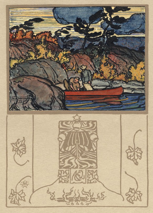 Aquarelle représentant deux personnes dans un canot rouge avec des arbres colorés et balayés par le vent à l’arrière-plan. 