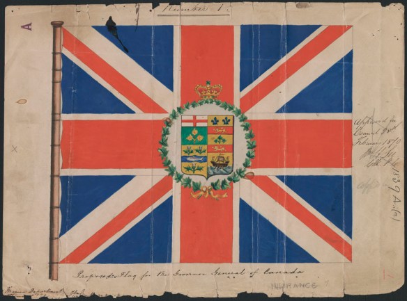 Peinture d’un drapeau qui consiste en une représentation du Union Jack au centre duquel sont superposées des armoiries entourées d’une couronne de feuilles d’érable. Des inscriptions manuscrites figurent à la droite et en dessous du drapeau.