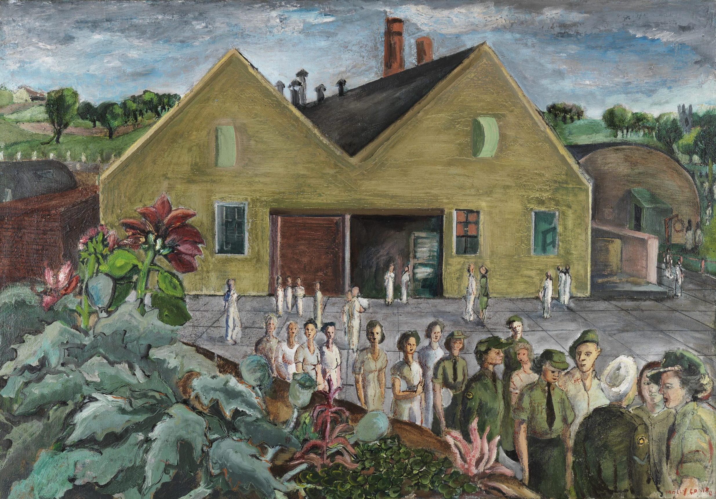 Toile colorée représentant des femmes (certaines en uniforme) qui font la file devant un bâtiment. On voit à l’arrière-plan des collines verdoyantes et des arbres. Cette œuvre est la version achevée du tableau que Bobak est en train de peindre dans la photographie ci-dessus. 