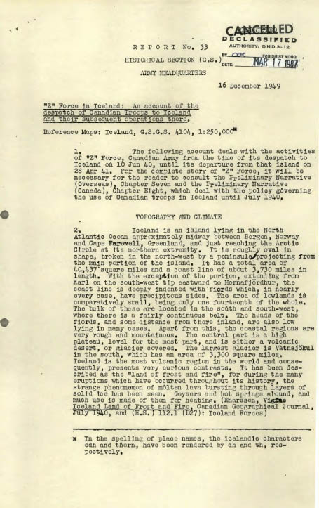 Page dactylographiée d’un rapport historique. On peut y lire, à l’encre noire sur fond blanc, les mots « Cancelled » et « Declassified » dans le coin supérieur droit.