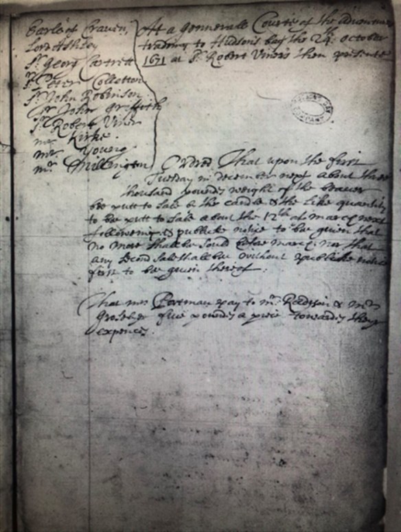 Image noir et blanc d’un registre de procès-verbaux. La date du 24 octobre 1671 est inscrite dans le coin supérieur droit. La liste des hommes ayant participé à la réunion se trouve à gauche. Le reste du texte comprend deux paragraphes décrivant la teneur des discussions.