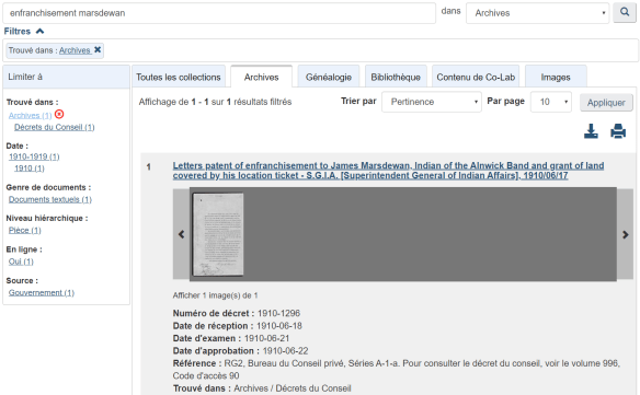 Une saisie d’écran de la base de données Recherche dans la collection. 