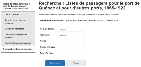 Écran montrant la page de recherche de la base de données Listes de passagers pour le port de Québec et pour d’autres ports, 1865-1922.