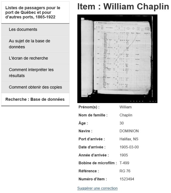 Écran montrant la fiche de William Chaplin, tirée de la base de données Listes de passagers pour le port de Québec et pour d’autres ports, Listes de passagers pour le port de Québec et pour d’autres ports, 1865-1922.