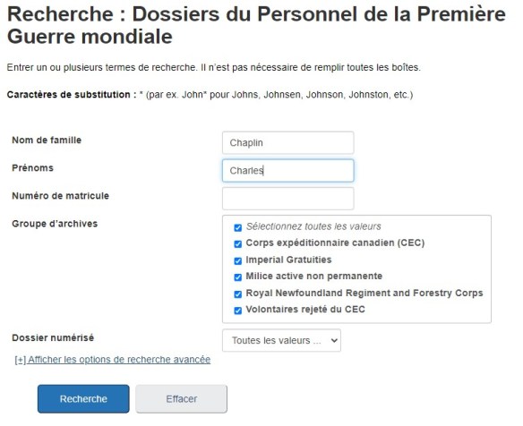 Écran Écran montrant la recherche du nom « Charles Chaplin » dans la base de données Dossiers du personnel de la Première Guerre mondiale. montrant la recherche du nom « Charles Chaplin » dans la base de données Dossiers du personnel de la Première Guerre mondiale. 