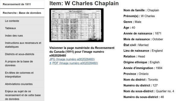 Page des résultats pour « W Charles Chaplain », tirée de la base de données de Bibliothèque et Archives Canada pour le Recensement de 1911. 