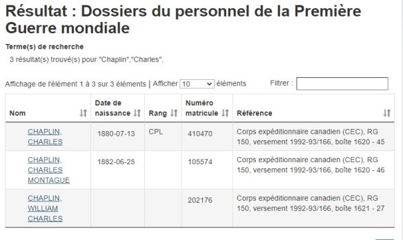 Écran montrant les résultats de la recherche pour le nom « Charles Chaplin » dans la base de données Dossiers du personnel de la Première Guerre mondiale. 