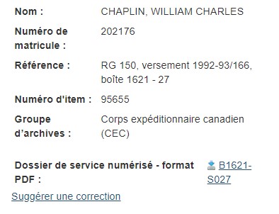 Écran montrant la page de référence pour « Chaplin, William Charles » dans la base de données Dossiers du personnel de la Première Guerre mondiale. 