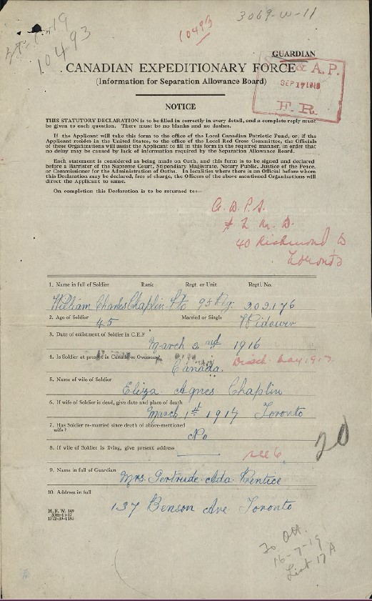 Document dactylographié et manuscrit ayant pour titre Canadian Expeditionary Force (Information for Separation Allowance Board) [Corps expéditionnaire canadien (CEC) : Renseignements pour le Separation Allowance Board, l’organisme responsable des allocations aux épouses de mobilisés]. Tiré du dossier de service de William Charles Chaplin dans la base de données Dossiers du personnel de la Première Guerre mondiale. 