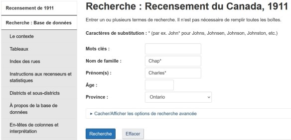 Écran de la base de données de Bibliothèque et Archives Canada pour le Recensement de 1911.