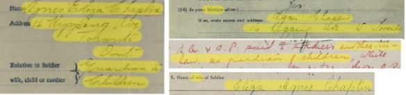 Extraits agrandis de documents dactylographiés et manuscrits du dossier de service de William Charles Chaplin; certains passages sont surlignés en jaune. Les entrées manuscrites sont à l’encre rouge et noire. Tiré de la base de données Dossiers du personnel de la Première Guerre mondiale. 