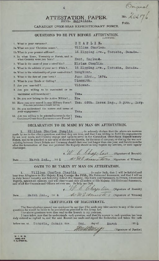 Document d’attestation du dossier de service de William Charles Chaplin, dans la base de données Dossiers du personnel de la Première Guerre mondiale. On peut lire les mots « ATTESTATION PAPER. 95th Battalion. [DOCUMENT D’ATTESTATION. 95e Bataillon.] » imprimés en haut au centre. Le mot « Original » est écrit à la main dans le coin supérieur droit.