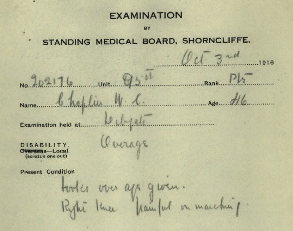 Fiche d’examen médical du Standing Medical Board [comité médical permanent] de Shorncliffe, tirée du dossier de service de William Charles Chaplin dans la base de données Dossiers du personnel de la Première Guerre mondiale. 