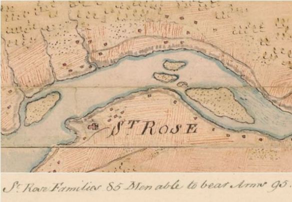 Carte en couleurs affichant une rivière et des îles avec les mots St. Rose écrits au centre, vers le bas.