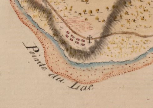 Carte en couleurs montrant une rivière, des maisons, une église et une route. On peut voir les mots Pointe du Lac écrits au bas.