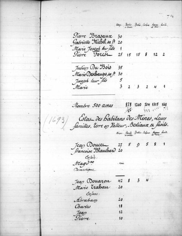 Transcription manuscrite donnant des renseignements sur des familles et sur leurs biens : le nom et l’âge de chacun des membres, le nombre d’animaux de ferme et de fusils, et la superficie de la terre.