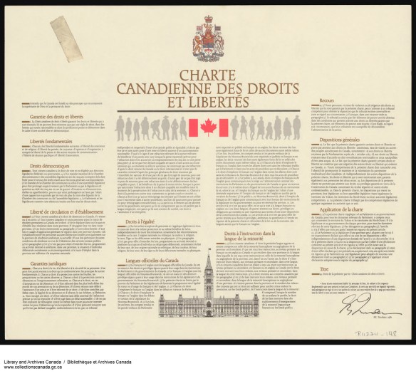 Une page dactylographiée en couleur. On y voit les armoiries du Canada, au centre en haut, et un dessin de l’édifice du Parlement, au centre en bas. Une signature figure dans le coin inférieur droit.
