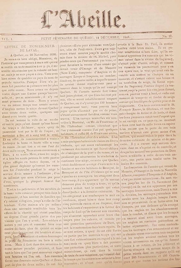Page dactylographiée de L’Abeille, Petit Séminaire de Québec, vol. 1, no 12, 11 décembre 1848.
