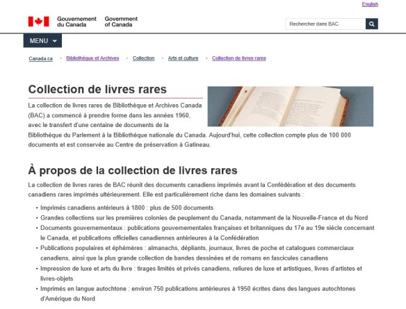 Saisie d’écran de la page « Collection de livres rares » du site Web de BAC.