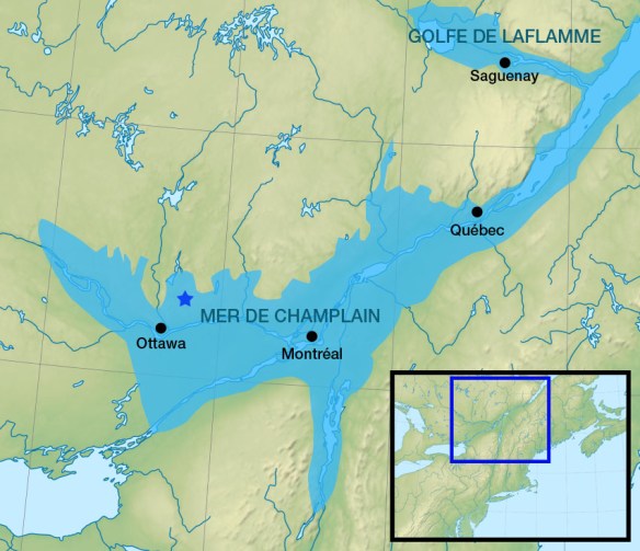 Une carte en couleur illustrant la superficie des terres couvertes par la mer de Champlain.