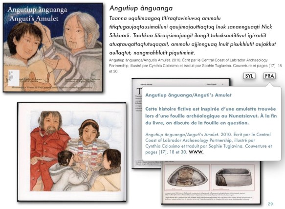 Une page du livre électronique qui montre les pages d’un livre d’images, avec du texte écrit en inuktut qaliujaaqpait et en français.