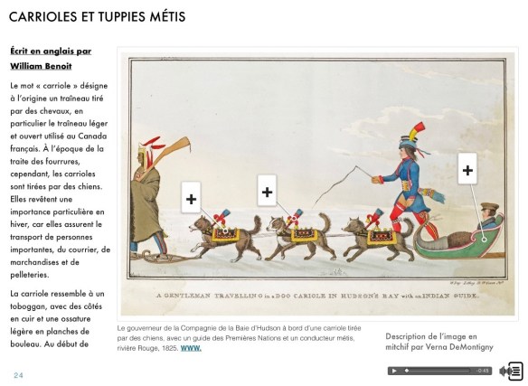 Une page du livre électronique avec, à gauche, un texte en français, et à droite, une lithographie d’un paysage enneigé avec un homme assis dans une carriole (traîneau) tirée par trois chiens portant des manteaux colorés. À gauche, un homme vêtu d’une couverture et chaussé de raquettes marche devant les chiens. Un homme tenant un fouet et portant des vêtements typiques de la culture métisse (long manteau bleu, jambières rouges et chapeau décoré) marche à la droite du traîneau.
