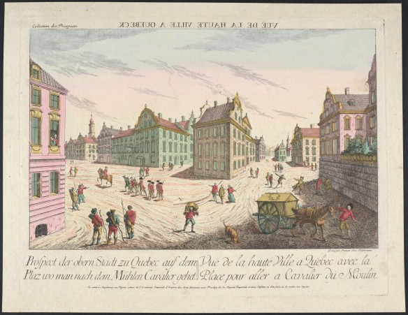 Une rue où se trouvent des bâtiments roses, verts et beiges, des soldats, un chien, un cheval et un chariot.
