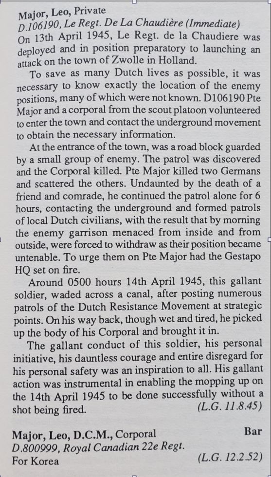 Photocopie de l’extrait d’un livre décrivant les actions de Léo Major et ses citations pour ses deux médailles DCM