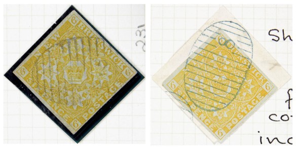 Deux timbres jaunes placés en diagonale sur une page. Une étampe à l’encre bleue est apposée sur chacun.
