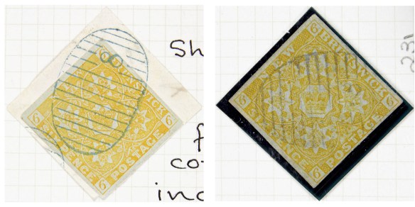 Une contrefaçon à côté d’un authentique timbre de six pence du Nouveau-Brunswick. Chacun d’eux porte des images de fleurs et de couronnes.