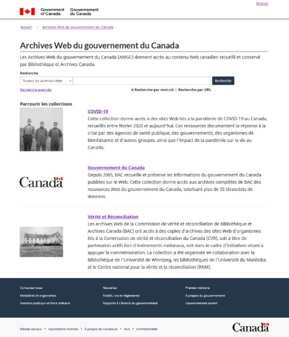 Capture d’écran d’une page des Archives Web du gouvernement du Canada