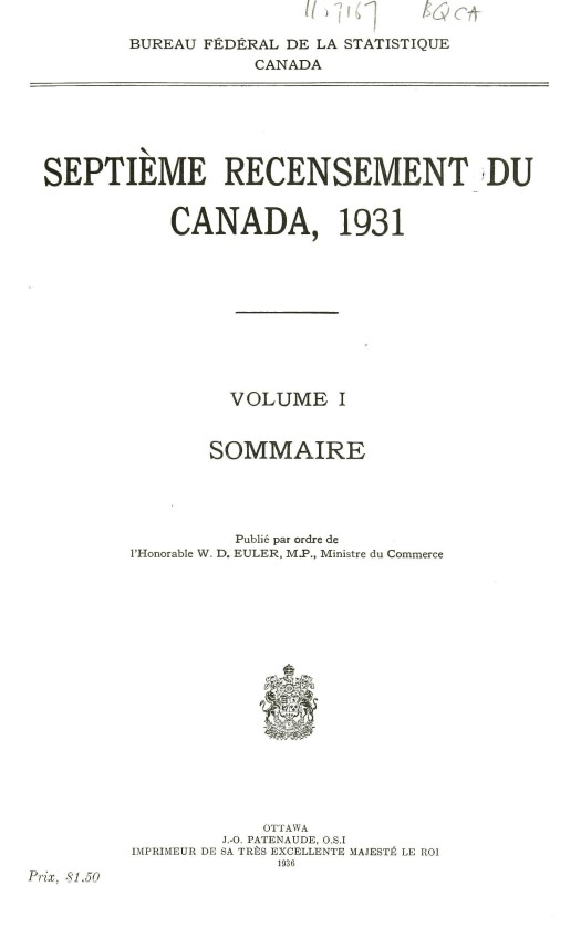 Une page dactylographiée sur laquelle on peut voir les mots Bureau national de la statistique et « Canada » dans la partie supérieure et un emblème. 