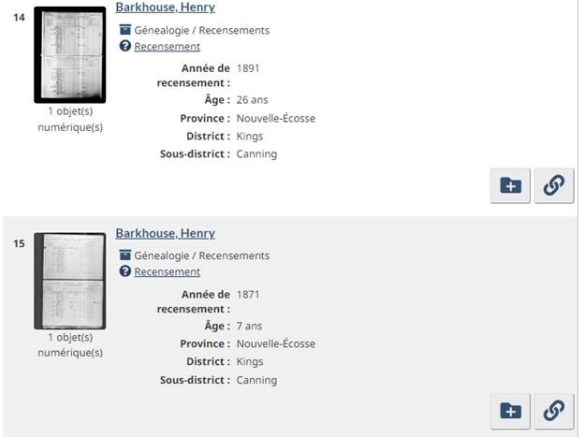 Capture d’écran des résultats de Recherche dans les recensements enregistrés dans Ma recherche.