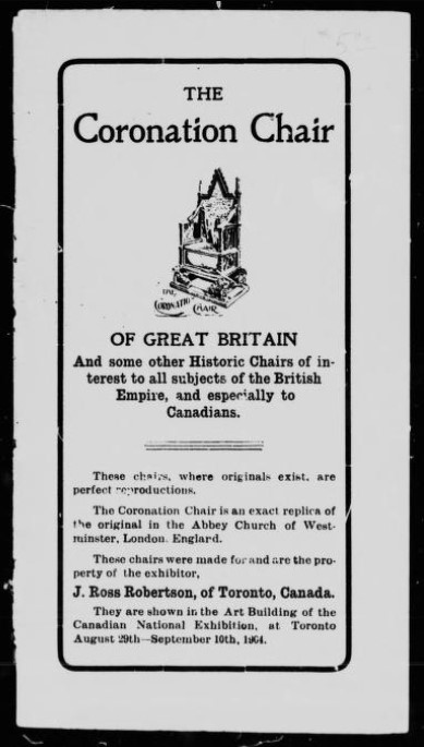 Page d’un catalogue présentant un dessin de la chaise du couronnement de la Grande-Bretagne.