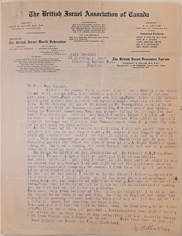 Lettre portant l’en-tête « The British Israel Association of Canada », écrite par Edward Odlum à son fils, Victor Wentworth Odlum.