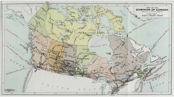 Carte du Canada (sans certaines régions nordiques) sur laquelle chaque province et territoire est de couleur différente. Les principaux chemins de fer sont représentés par une épaisse ligne noire. Les principales routes de transport maritime sont représentées par une ligne rouge pointillée indiquant le nom des deux villes reliées ainsi que la distance qui les sépare.