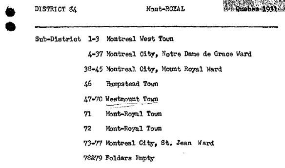 Une carte dactylographiée énumérant les rangs des sous-districts du district de Mont-Royal, au Québec, en 1931.