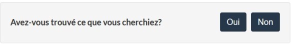 Capture d’écran d’un outil demandant si l’utilisateur a trouvé l’information qu’il cherchait, avec des boutons pour répondre oui ou non.